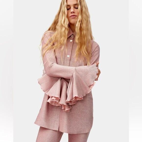 Sleeper Cosmos Lounge Suit M Top and S Pants Flared Pink Glitter Shimmer $350 - Picture 5 of 15